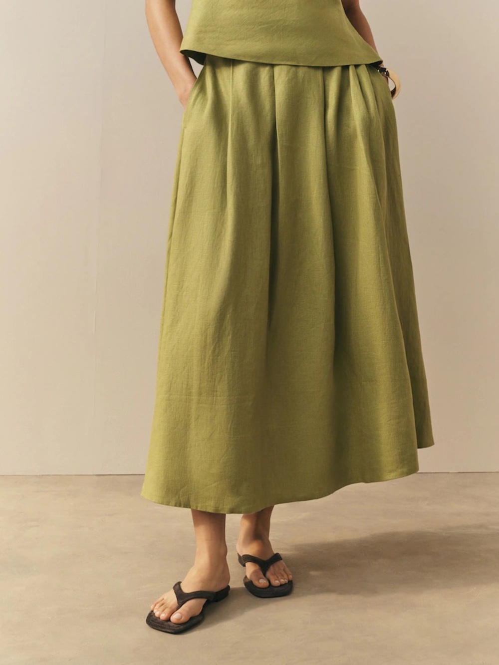 NEW Green Premium Pleat Linen Midi Skirt by Nothing Ordinary | US 8 / UK 12 (M)
